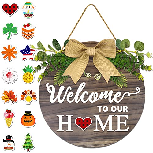 Interchangeable Welcome Sign for Front Door, Wooden Welcome to Our Home Sign with 14 Pieces Holiday Icons, Seasonal Rustic Door Hanger for Easter, St. Patrick's, Housewarming Gift Farmhouse Home Decor