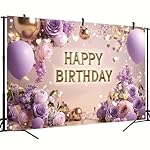 Purple Gold Happy Birthday Backdrop Banner with Flowers Balloons Glitter Lights Photography Background for Women Girls Party Decoration Supplies Birthday Banner Photo Booth Props 71x43 Inch - Image 3