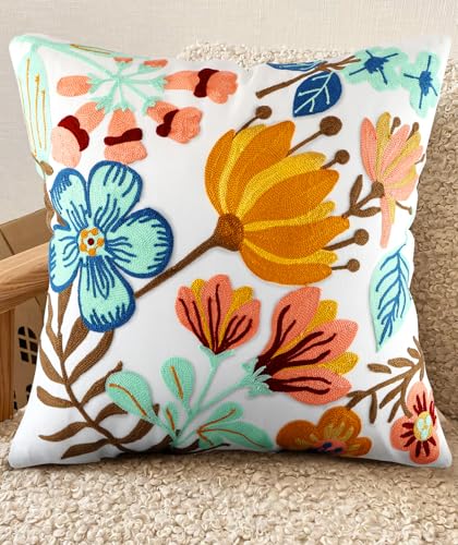 Kokaaee Embroidered Throw Pillow Cover - 18x18 Decorative Pillow Cover with Zipper Aesthetic Cute Design Boho Summer Cozy Throw Pillowcase for Living Room Couch Sofa Bed, Elegant Flowers