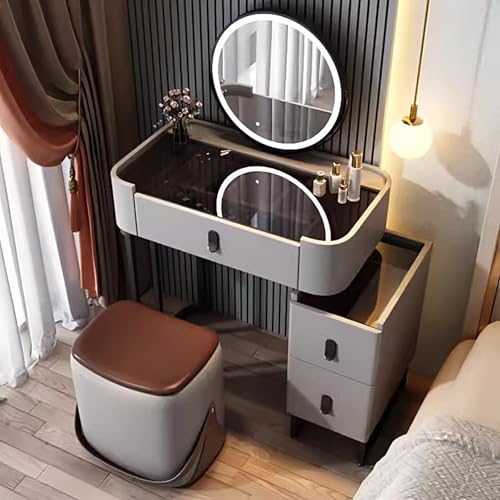 Escritorio de maquillaje con luces LED, mesa de vidrio templado, cajones de almacenamiento y taburete, elegante tocador para entusiastas del hogar y la belleza