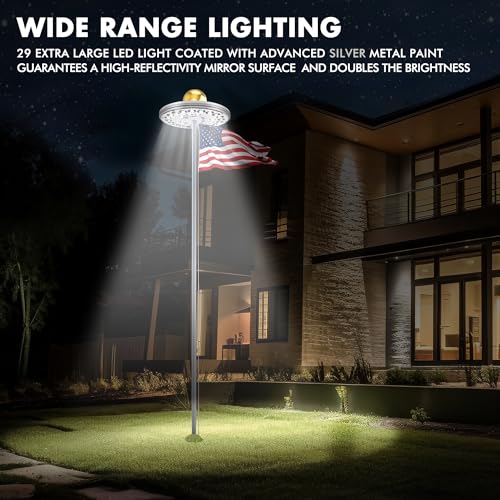 PPQ Flag Pole Light Solar Powered, 1600 Lumen 29 LED Extra Bright Silver Flagpole Light 10000h Lifespan for 15-30 Ft Poles, Waterproof Lighting on Outdoor Pole Top, 24 Hour Dusk to Dawn Auto On/Off