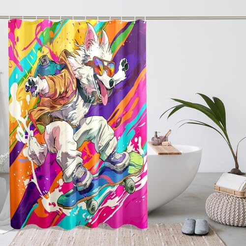 Duschvorhang mit Skateboard-Motiv, farbenfroher Haustier-Duschvorhang für Badezimmer, Frühling, Sommer, flippig, künstlerisch, wasserdicht, Stoff-Duschvorhang-Set mit Haken, 183 x 183 cm