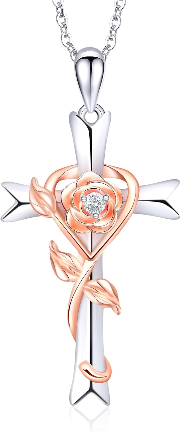 RIVIKO 925 Sterling Silver Cross Birthstone Necklace for Women Cross Rose Pendant Necklaces Trendy Christmas Valentine's Day Anniversary Jewelry Gift for Women Her Wife Girlfriends