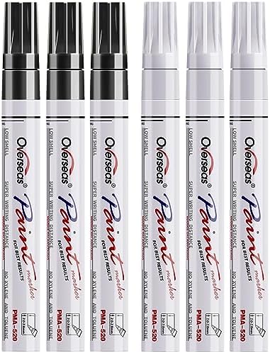Overseas White and Black Paint Pens, 6 Pack Oil Based Permanent Markers - Medium Tip, Quick Dry and Waterproof Paint Markers for Rock, Wood, Metal, Plastic, Canvas, Glass, Ceramics, Rubber, Stone