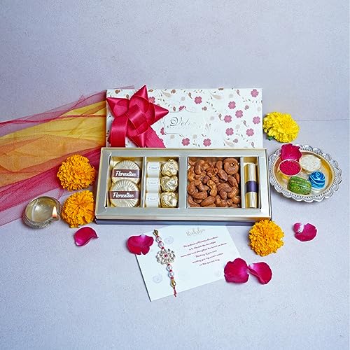 Image of Velvet Fine Chocolates Rakhi Gift Hamper for Brother with 1 Rakhi and Greeting Card | Premium Chocolate & Dry Fruits Rakhi Hamper for Raksha Bandhan