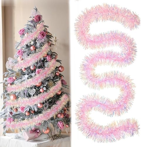 BSITSSS 5Pcs Christmas Tinsel, 2 Meters Pink Shiny Tinsel Garland, Christmas TreeTinsel 9 cm Wide, ChristmasDecorationsTinsel for Xmas Tree Stairs Home Party Office Decoration