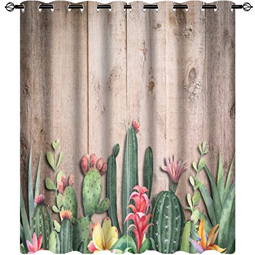 Kazynee Tropical Desert Succulent Cactus Ultra Soft Premier Blackout Curtains,Rustic Wooden Board Blossom Plant Flowers Thermal Insulated Bedroom Noise Reducing Grommet Top,2 Panels 63L x 27.5W