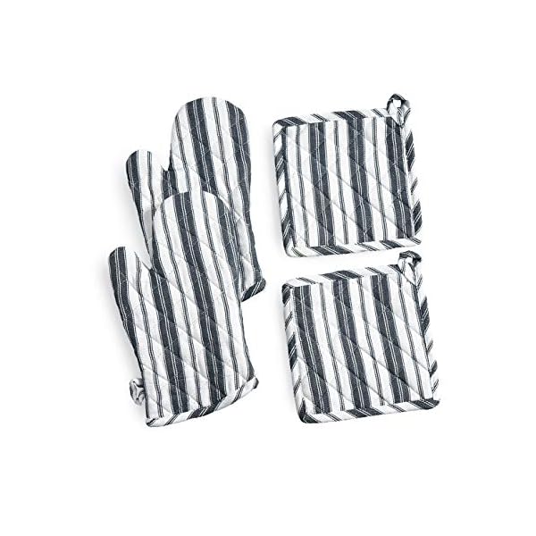 Oven Mitts & Potholder Set - Durable Heat Resistant Gloves - Thick Mittens for Kitchen - Suitable for Cooking, Baking, Grilling - BBQ- 2 Oven Mitts & 2 Potholders - Black Stripes - Casa De Lan