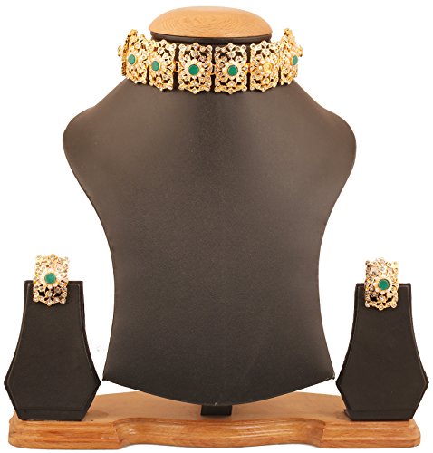 Image of Touchstone Mughal Jali Collection Gold Tone Indian Mughal Bollywood White Diamante Jewelry Choker Set for Women