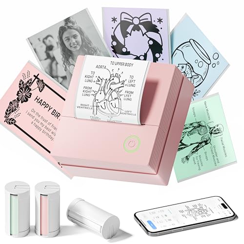 Sticker Printer, PM290 Mini Printer, Bluetooth Sticker Maker Machine with 3 Rolls Paper, Portable Print Pod for Study Notes, Journal, Lists, Pictures, DIY Gifts for School Office Home, Pink