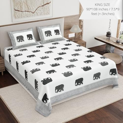 Image of Living Roots Ethnic Jaipur Block Print Double Cotton Bedsheet & 2 Pillow Covers, for Mattress Upto 6 inches Thick, No Colour Bleeding, Grey Colour, King Size 90 * 108 inches, 120TC (615-B)