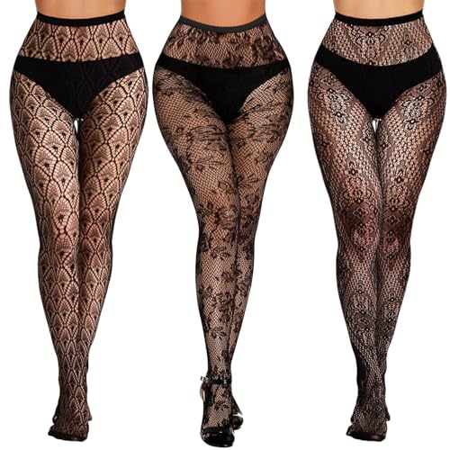 3 Piece Black Lace Patterned Fishnet Tights, Women's Leggings, Floral Design Hosiery