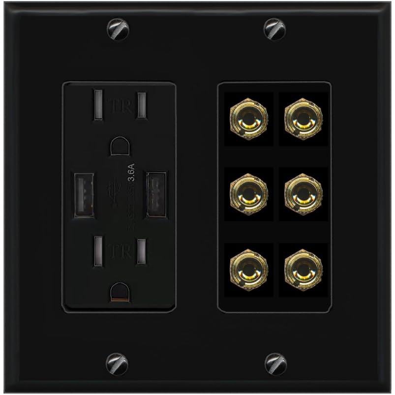 RiteAV 6 Banana 3 Speaker Surround Female Coupler Binding Post Wall Plate - USB Outlet [Ivory/White]