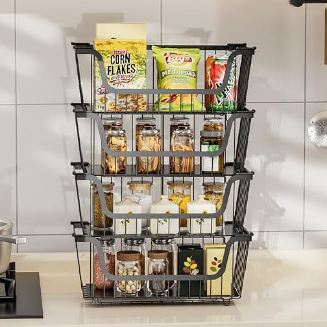 4 Pcs Stackable Wire Baskets for Pantry Organizers and Storage,Vegetable Fruit Basket for Countertop,Kitchen Storage Metal Baskets,Produce Potato Onion Storage Bin,Black
