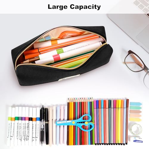 Image of FINPAC Pencil Case, Corduroy Aesthetic Makeup Bag, Cute Kawaii Pen Bag Pouch Holder Box Organize for Study, Office, or Travel (Black)