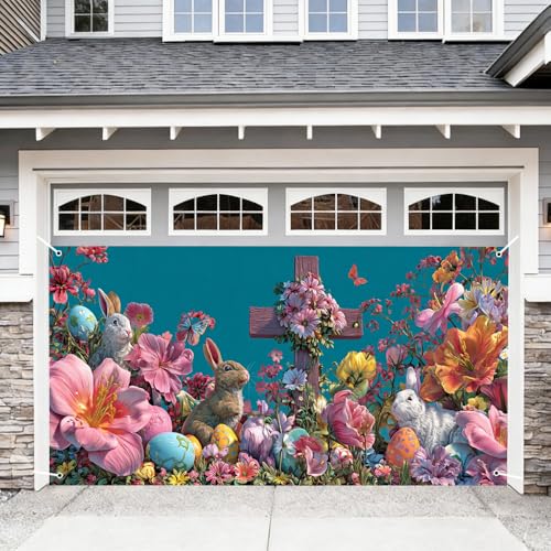 Image of Spring Floral Cross Garage Door Cover 157x70 inch Bunny Colorful Eggs Butterfly Christian Outdoor Mural Waterproof Easter Home Decor