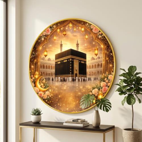 Image of SAF Islamic Kaaba Round Wall Painting with Premium PVC Golden Frame, Makkah Mosque Floral Crescent Design, Muslim Religious Home Decor for Prayer Room (16 x 16 Inch) GRM-425