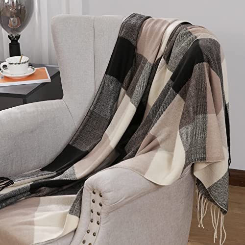 Buffalo Plaid Throw Blanket For Couch - Farmhouse Check Style - Soft Cozy Lightweight With Tassels For Bed Sofa Living Room Home Office Outdoor - 50 X 60 Inches - Black / Brown #TOP1