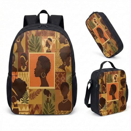 Mochila feminina africana com estampa tribal de 43 cm, conjunto de 3 peças, silhueta étnica, mochila de viagem, arte de patrimônio cultural, 06, Large, Mochila estampada
