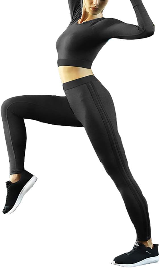 Women Gym Yoga Cloth Crop Top Tee Long Sleeve Hollow Out T-Shirt Letter Print High Waist Leggings Workout Suit Set (S, Black 2)