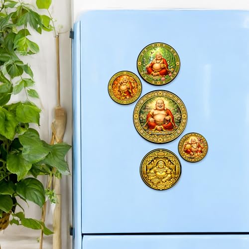 Image of Regalo Casila Laughing Buddha Fridge Magnets Set of 5 Wooden Refrigerator Magnets Feng Shui Decorative Kitchen Magnets Souvenir Gift Set Strong Magnetic Home Decor