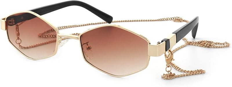 JiSoo lentes de sol hexagonales de moda para mujer - lentes de sol doradas Diseñador para mujer, lentes de sol geométricas para festivales con cadena