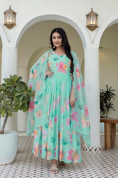 Image of KD Women's Floral Print Anarkali Kurta Set with Pant and Dupatta, Georgette, Full Sleeves, Asymmetric Hemline