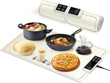 PIGLOG Electric Warming Tray-Fast Heating,6 Temperature Settings,Fast Full Surface Graphene Heating Food Warmer,Roll Up Heating Pads for Parties Buffet Thawing White, 24X15