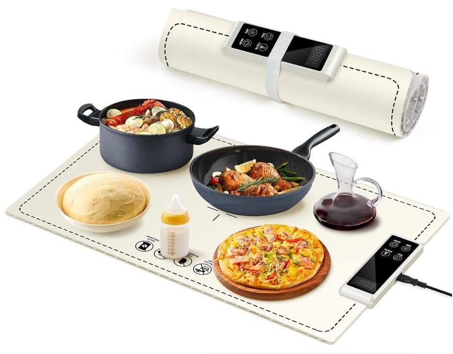 PIGLOG Electric Warming Tray-Fast Heating,6 Temperature Settings,Fast Full Surface Graphene Heating Food Warmer,Roll Up Heating Pads for Parties Buffet Thawing (White, 24X15)