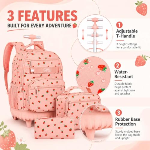 Image of 3Pcs Rolling Backpack for Women Girls with Large Wheels, 20 Inches Detachable Wheeled Backpack Set, Adults Water Resistant Roller Backpack for Travel, Work, College School (Pink)