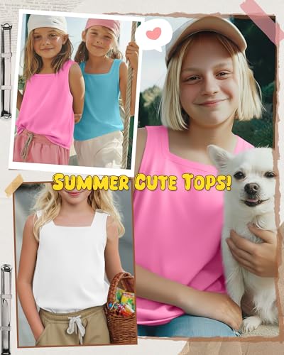 Image of 3 Pack Girls Square Neck Tank Tops | Basic, Sleeveless T-Shirts, Casual Summer Tanks, Kids Undershirts, School, Size 5-14 Years, Comfy, Elasticity