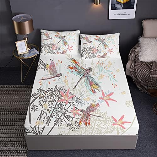 Herwenys Colorful Dragonfly Fitted Sheet with Pillowshams Twin Full Queen Size Summer Dragonflies Retro Boho Watercolor Insects Field Flowers Bed Sheet Bedding Set 3 PCS (D,Twin:75" x 39"x14")