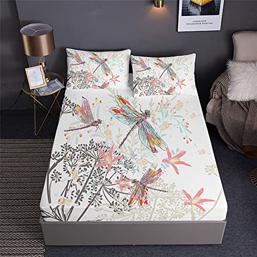 Herwenys Colorful Dragonfly Fitted Sheet With Pillowshams Twin Full Queen Size Summer Dragonflies Retro Boho Watercolor Insects Field Flowers Bed Sheet Bedding Set 3 Pcs (D,Twin:75" X 39"X14") #TOP6