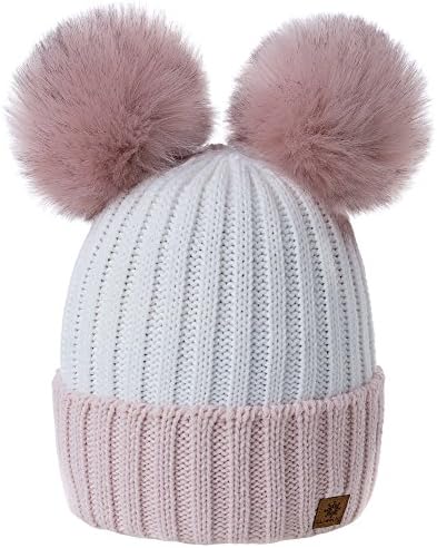 MFAZ Morefaz Ltd Women Ladies Winter Beanie Hat Knitted Chunky with Double Faux Fur Pom Pom