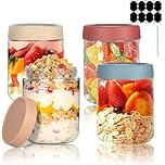 Overnight Oats Jar, 4 Pcs Glass Container with Sealed Screw Lid, 16 Oz Wide-Mouthed Sealed Food Storage Container, Mason Salad Jar is Used to Store Grains, Yogurt, Fruits, Candies, and Jams.