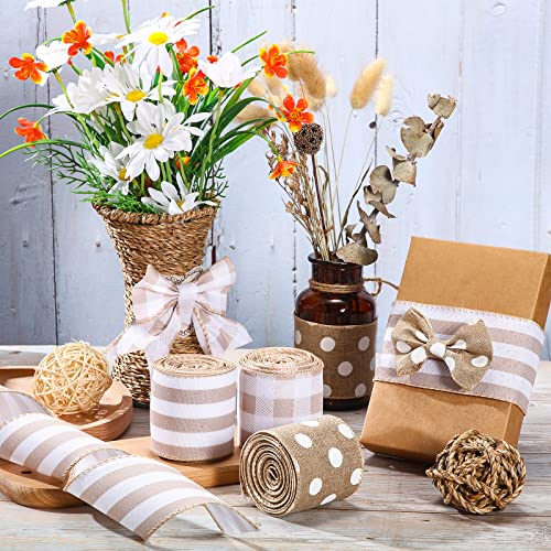 Image of 3 Rolls Burlap Wired Edge Ribbons in Classic Styles: Vintage Buffalo Plaid, Striped, Dot Pattern, Black & Yellow, 2.5 Inch x 15 Yards (Linen Color) for DIY Crafts, Party, Home Decoration