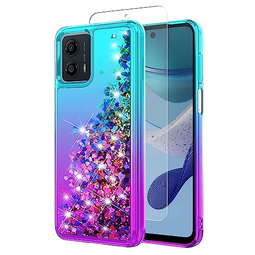 Coque Moto G 5G 2023 avec protection d'écran HD paillettes turquoise violet