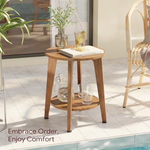 Image of Simple Trending Round Side Table, Small End Table, Nightstand Bedside Table with Tapered Legs, for Living Room, Rustic Walnut
