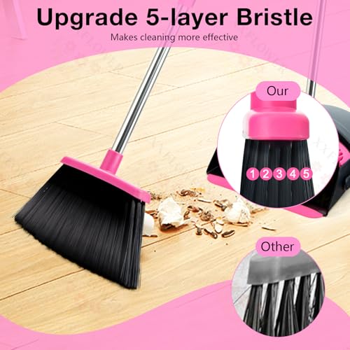 Image of Broom and Dustpan Set, Long Handle Lightweight Dustpans with Broom Combo for Home, Indoor&Outdoor Sweeping for Home Room Kitchen Office Lobby (Black Pink)