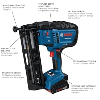 Bosch GNH18V-15MAN 18V Brushless 15 Gauge Angled Finishing Nailer, Precision for Tight Spaces, Holds up to 1200 Nails per Charge, One Hand Activation, Cleaning