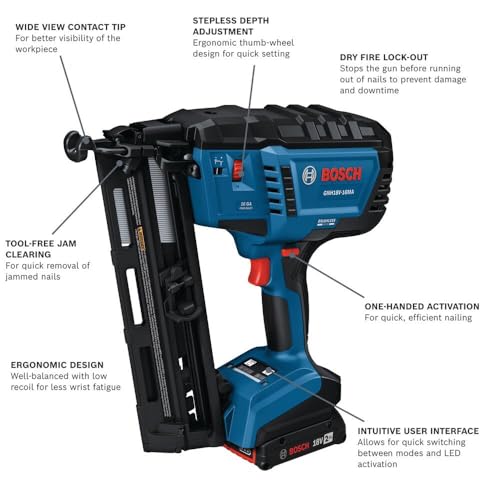 BOSCH GNH18V-15MAN 18V Brushless 15-Gauge Angled Finish Nailer - Precision for Tight Spaces, Fastens up to 1,200 Nails per Charge, One-Handed Activation, Tool-Free Jam Clearing, Belt Hook (Bare Tool) - image 2