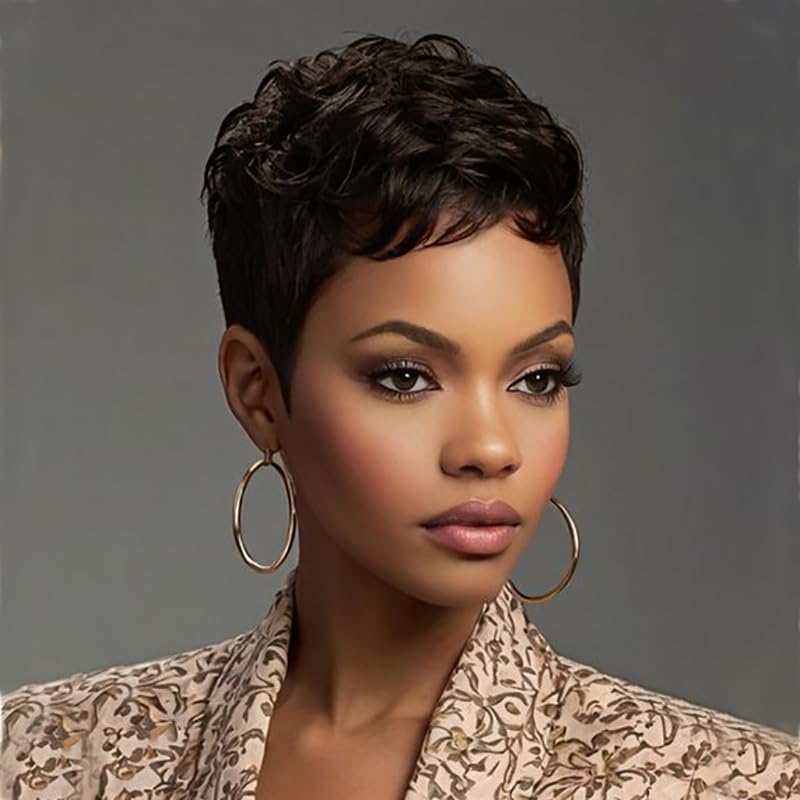 BeiSDWig Black Hair Wig Synthetic Pixie Wigs for Women Wavy Hairstyles Short Haircut Synthetic Hair Wig Short Wigs with Bangs (Brown)