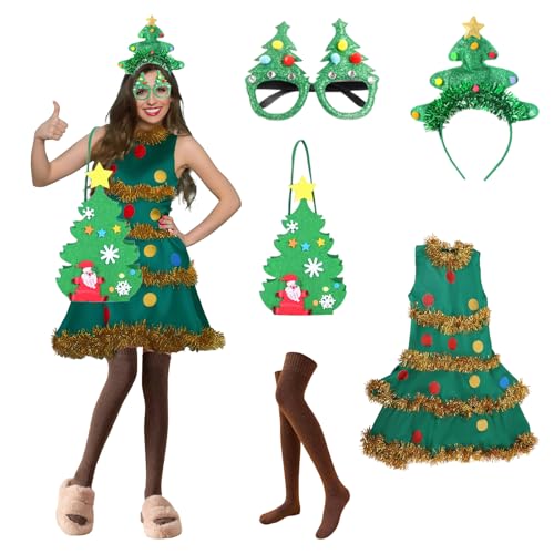 IKKOIGOOZD 5 Pcs Christmas Tree Costume Dress for Women Christmas Outfit Dress Bag Glasses Socks Sequins for Adult Xmas Halloween (Medium)