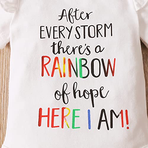 Infant Newborn Baby Girl Outfits Ruffle Letter Print Short Sleeve Romper Rainbow Skirts Set Floral Summer Clothes 3Pcs (White, 0-3M, 0_Month) #TOP2