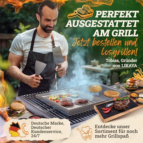 LIKAYA® Plancha Grillplatte [30x40cm] mit 2x Grillspachtel mit FSC-Akazienholzgriff Grillzubehör | Verzugsfreier Edelstahl | Plancha Gasgrill Kohlegrill | Geschlossene Ecken ohne Auslaufen