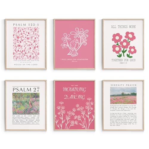 Image of Habseligkeit Pink Flower Wall Art Prints, Retro Wall Decors for Room Aesthtic, Abstract Posters for Girls Bedroom Decor Aesthetic Unframed, 8X10in, Set of 6