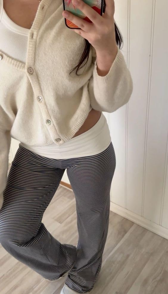 Seyurigaoka Fold Over Flare Legging for Women Low Rise Wide Leg Foldover Yoga Pants Bell Bottoms Teen Girls Cute Sweatpants - Image 3