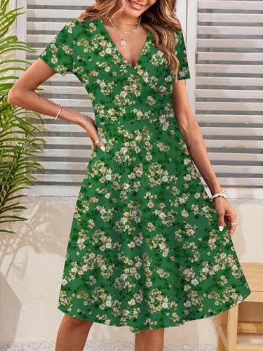 Image of MSBASIC Womens Summer Wrap V Neck Casual Dresses Floral Short Sleeve A-Line Midi Sundress