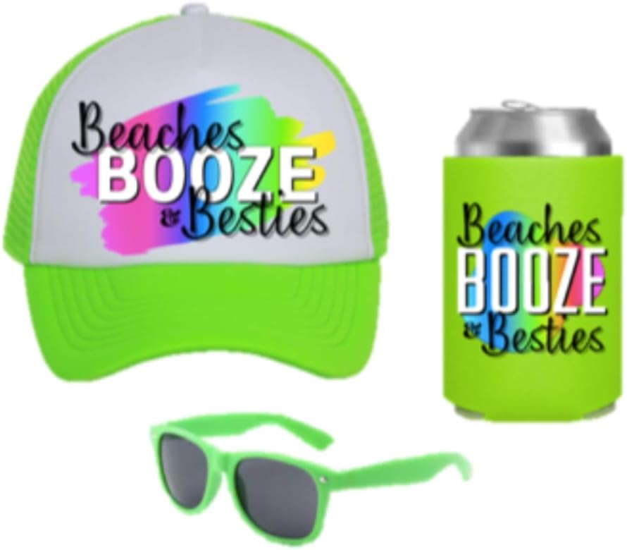Awkward-AF Beaches Booze & Besties PARTY PACK - Favor Gift for Girls Trip Weekend Getaway Sunglasses Drink Holder Trucker Hat