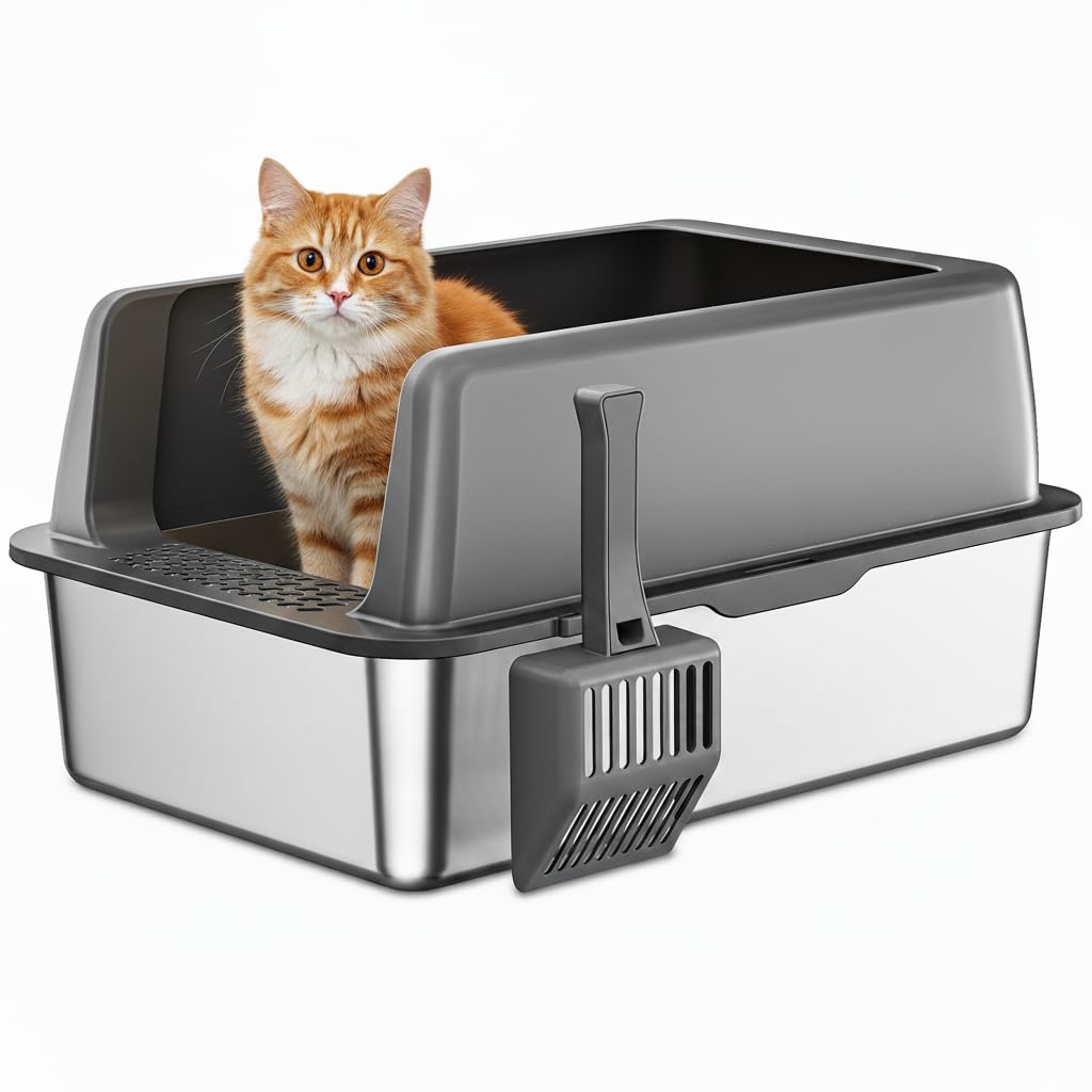 Zarler Stainless Steel Litter Box XL, Extra Large Cat Litter Boxes High Sided, Metal Litter Box for Big Cats, Non-Sticky, Easy to Clean, Anti-Urine Leakage (Dark Grey)